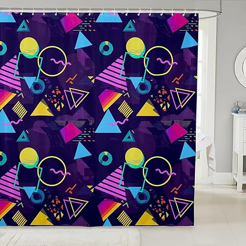 Miniatura 27 de Cortina de ducha retro de los años 80 y 90, 72 pulgadas de ancho x 72 pulgadas de largo, cortina de baño geométrica abstracta con círculos modernos