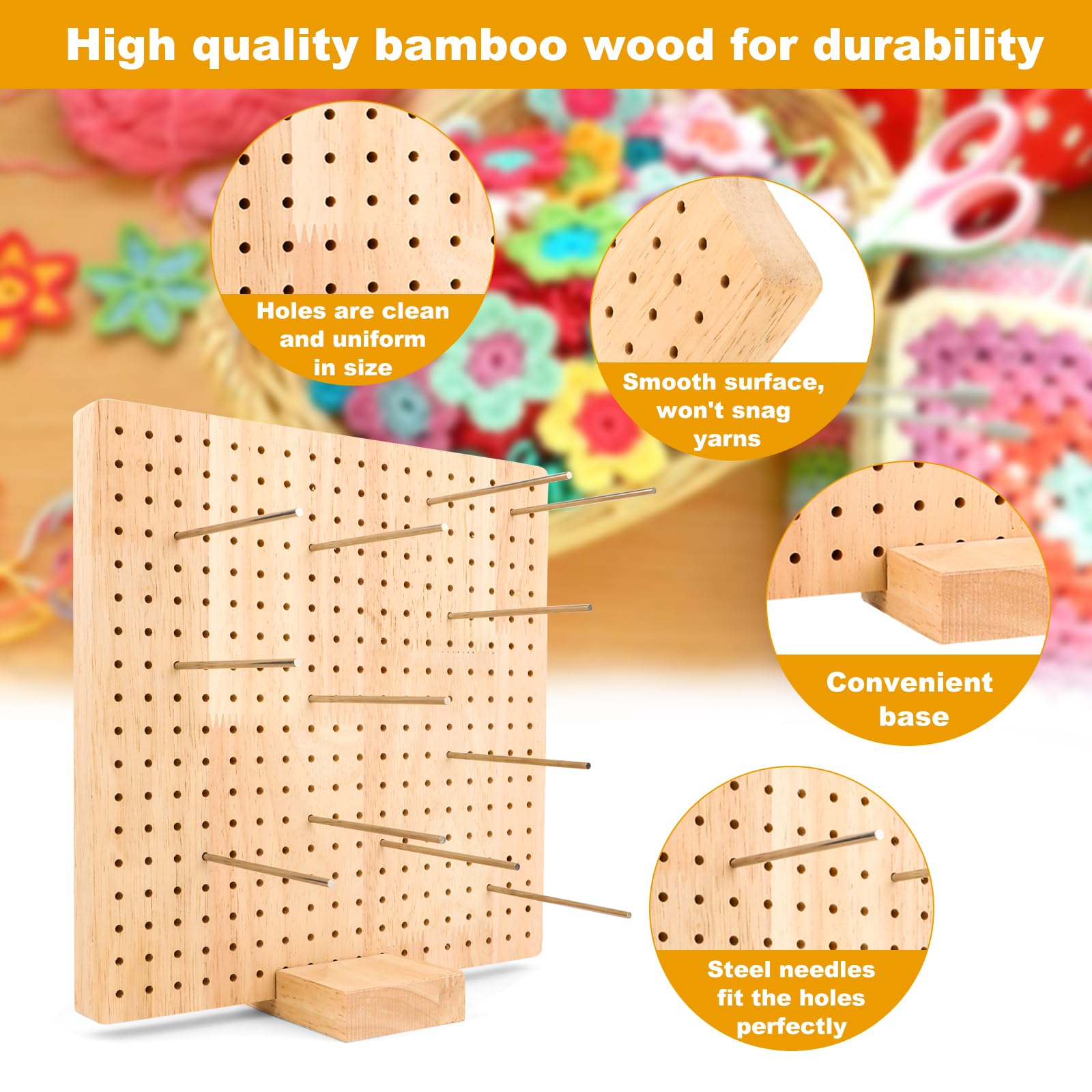 Tavola Per Blocchi All'Uncinetto In Legno - Con 20 Perni E 5 Aghi - 23,5x23,5 Cm - Per Granny Square