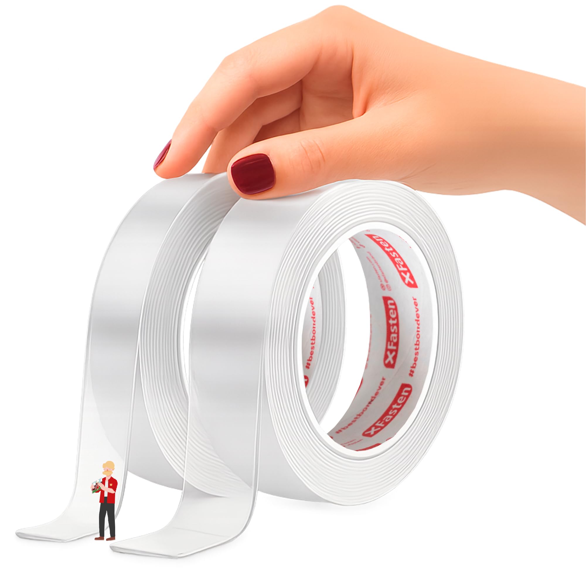 XFasten Reusable Double-Sided Nano Tape, 0.6-Inch x 10-Foot & 1.5-Inch x 10-Foot (2-Pack), Clear, Gel Mat Grip Adhesive Putty Brick Tape | Bathroom,