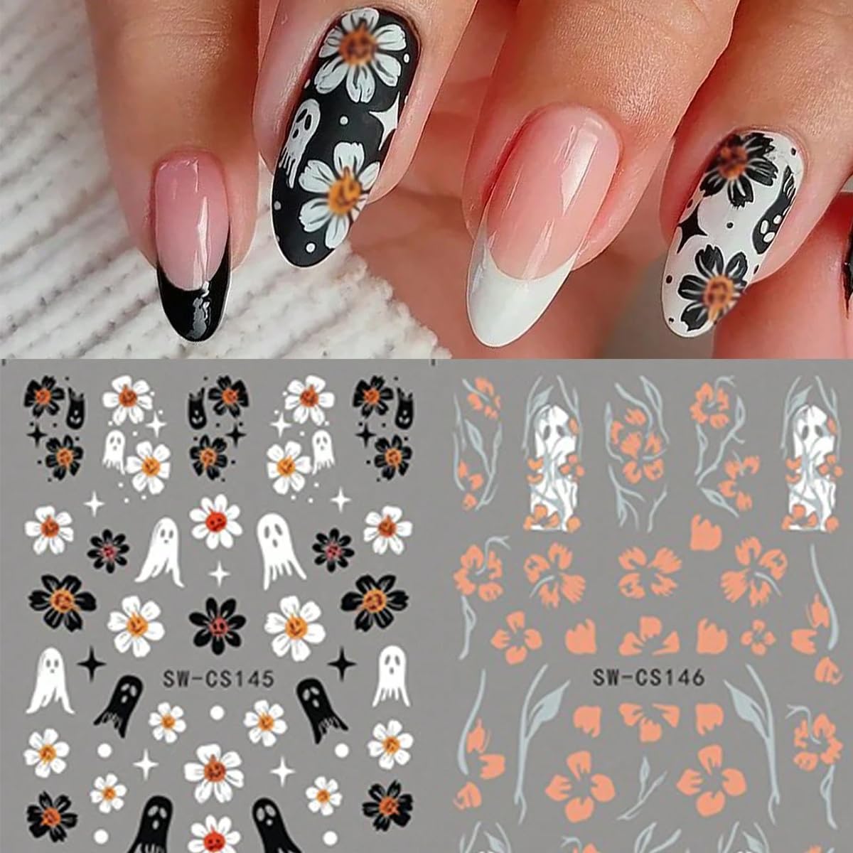 Ghosts Nail Stickers Halloween Nail Decals 6PCS 3D Self-Adhesive Cute Flower Pumpkins Ghost Slider Manicure Accessories Cute Halloween Nail Stickers for Women DIY Nail Art Decorations Supplies image 2