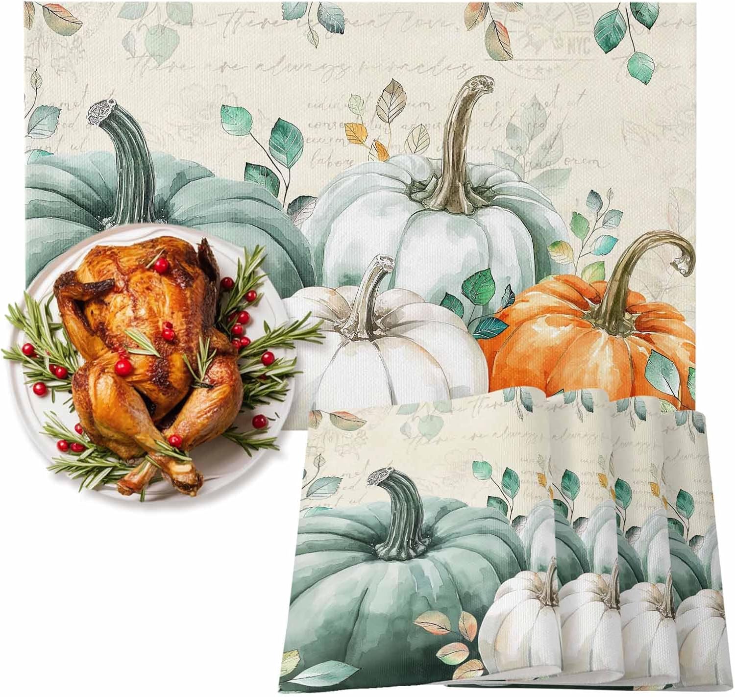 Fall Placemats Set of 6 Sage Green Pumpkin Place Mats Thanksgiving Placemat Autumn Teal Eucalyptus Leaves Table Mats for Dining Kitchen Table Holiday Dinner Party Home Fall Decorations 13x19 Inch