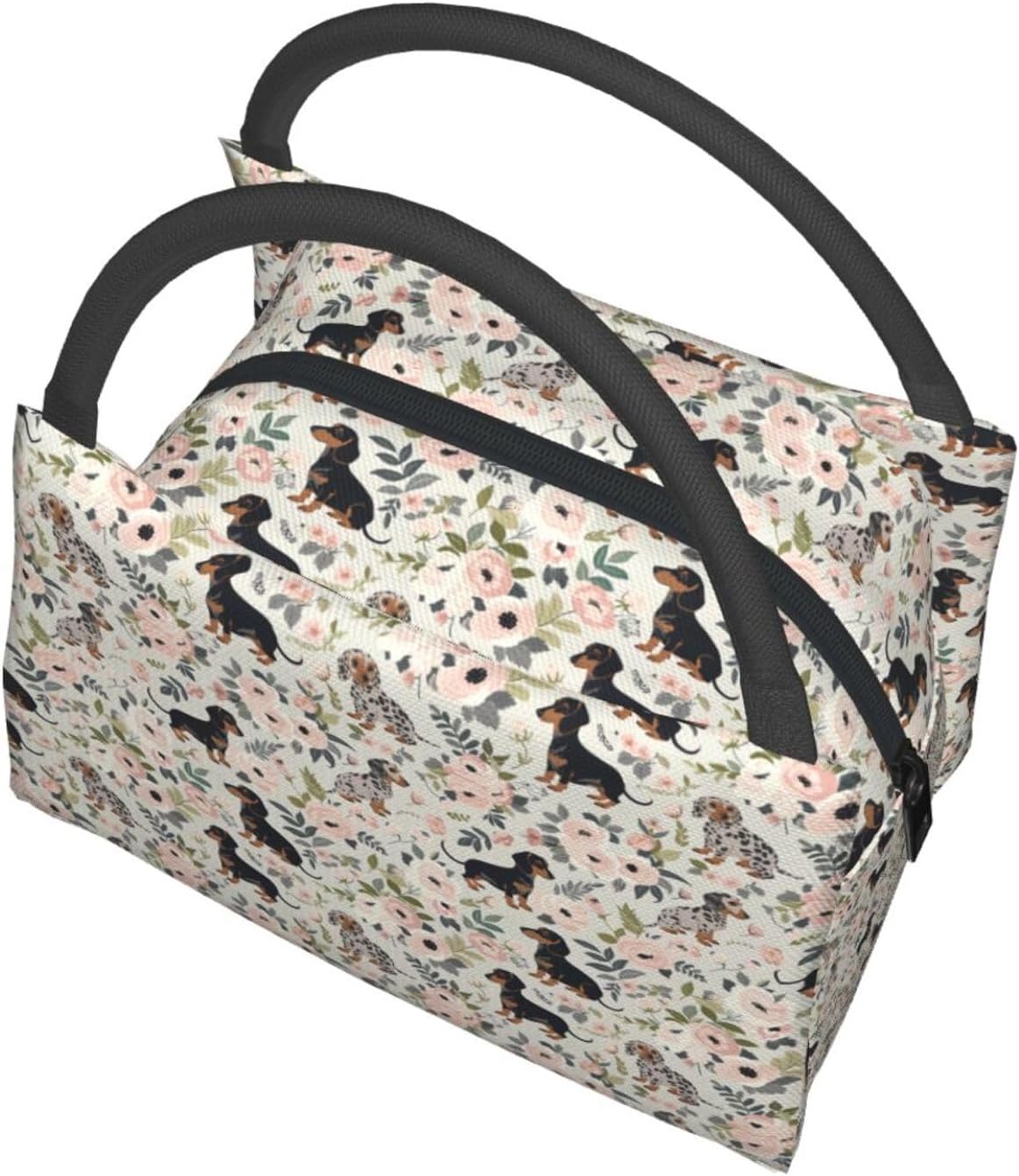 Dachshund Floral Polyester Insulated Lunch Box, Cute Sausage Dog and Flower Lunchbag for Work Office Travel Gym,Women Makeup Bag,Reusable Cooler Bags Gifts for Pet Owners,11in x 6.3in x 6.7in