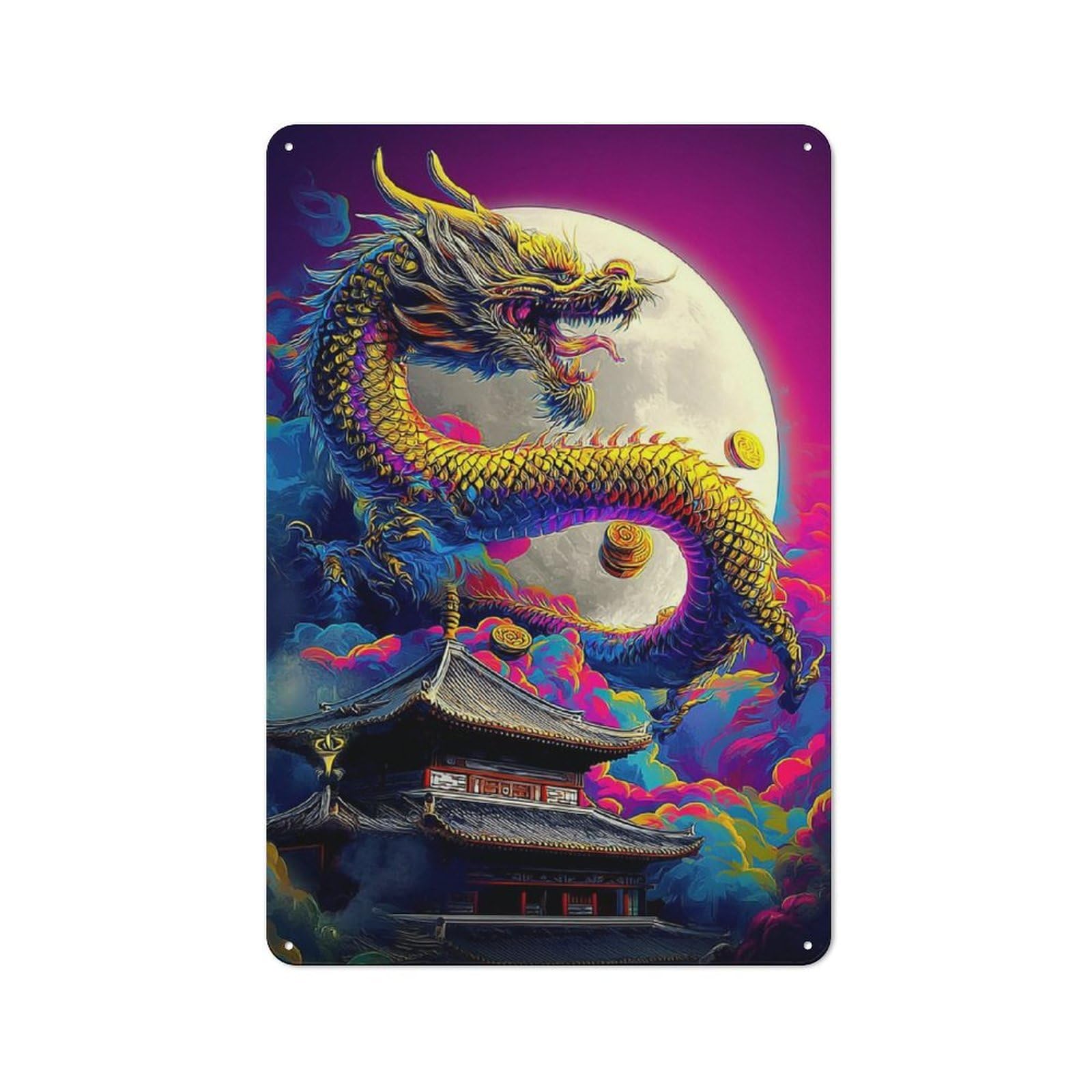 Junmoney Dragon Moon Rising Mystic Asian Artwork Tin Sign 30X20cm For Bar Or Restaurant, Retro Wall Decor, For Restaurant Interior Fans
