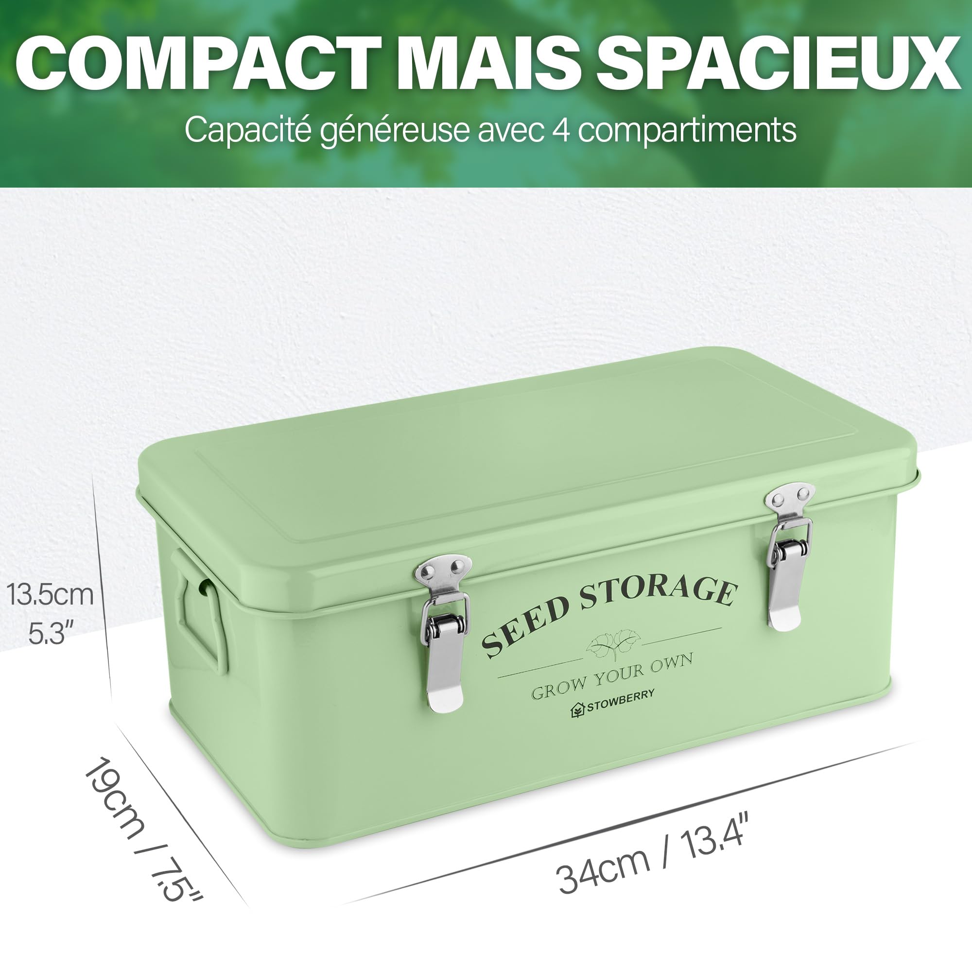 Boîte de Rangement pour Graines – Boîte à Graines Verte avec Couvercle, Poignées Latérales, 4 Compartiments et Fermeture de Sécurité – Boîte à Graines pour Jardiniers – Idée Cadeau Jardinage