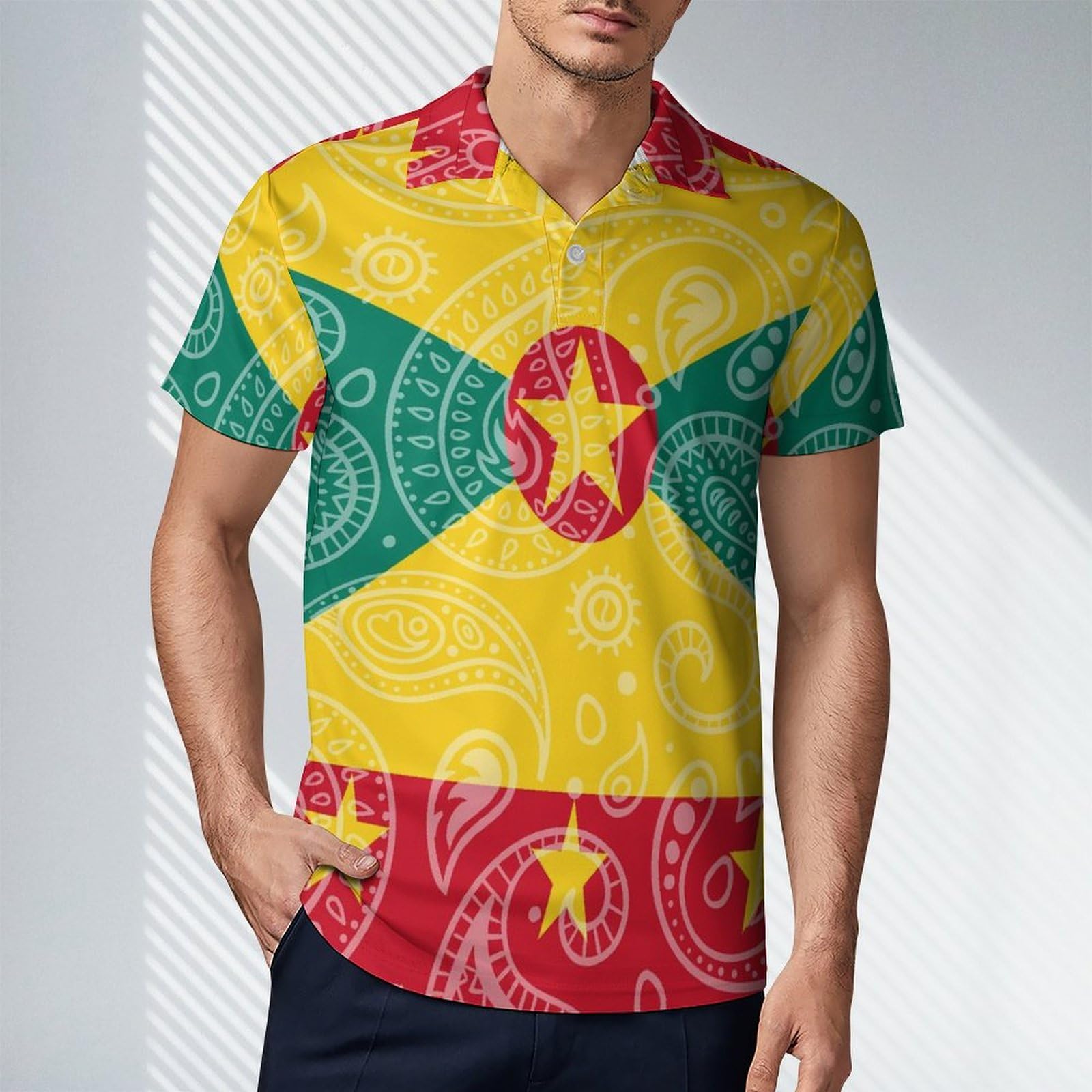 Grenada Flag Paisley Pattern Novelty Men's Short Sleeve Shirts Funny Golf Tennis Work T-Shirt Sport Tee 2XL