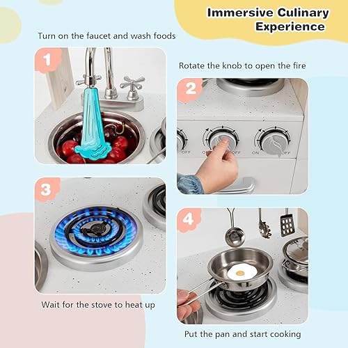 Miniatura 4 de FUTADA - Juego de cocina para niños, cocina de madera con teléfono, estufa, nevera, microondas, estufa, fregadero, dispensador de agua con sonido