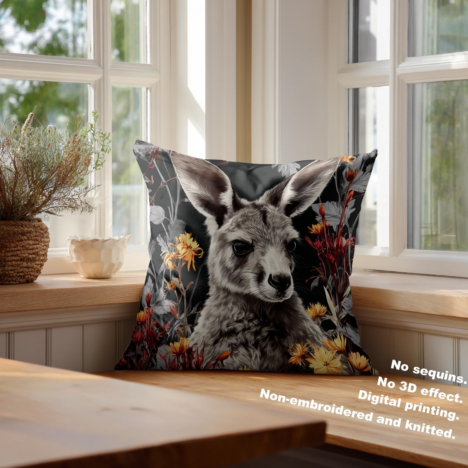 Batmerry Cute Kangaroo Throw Pillow Covers, Floral Nature Yellow Flowers Decorative Pillow Covers Digital Printing Blended Fabric for Couch Sofa Bed Invisible Zipper 20X20 in(Set of 2)