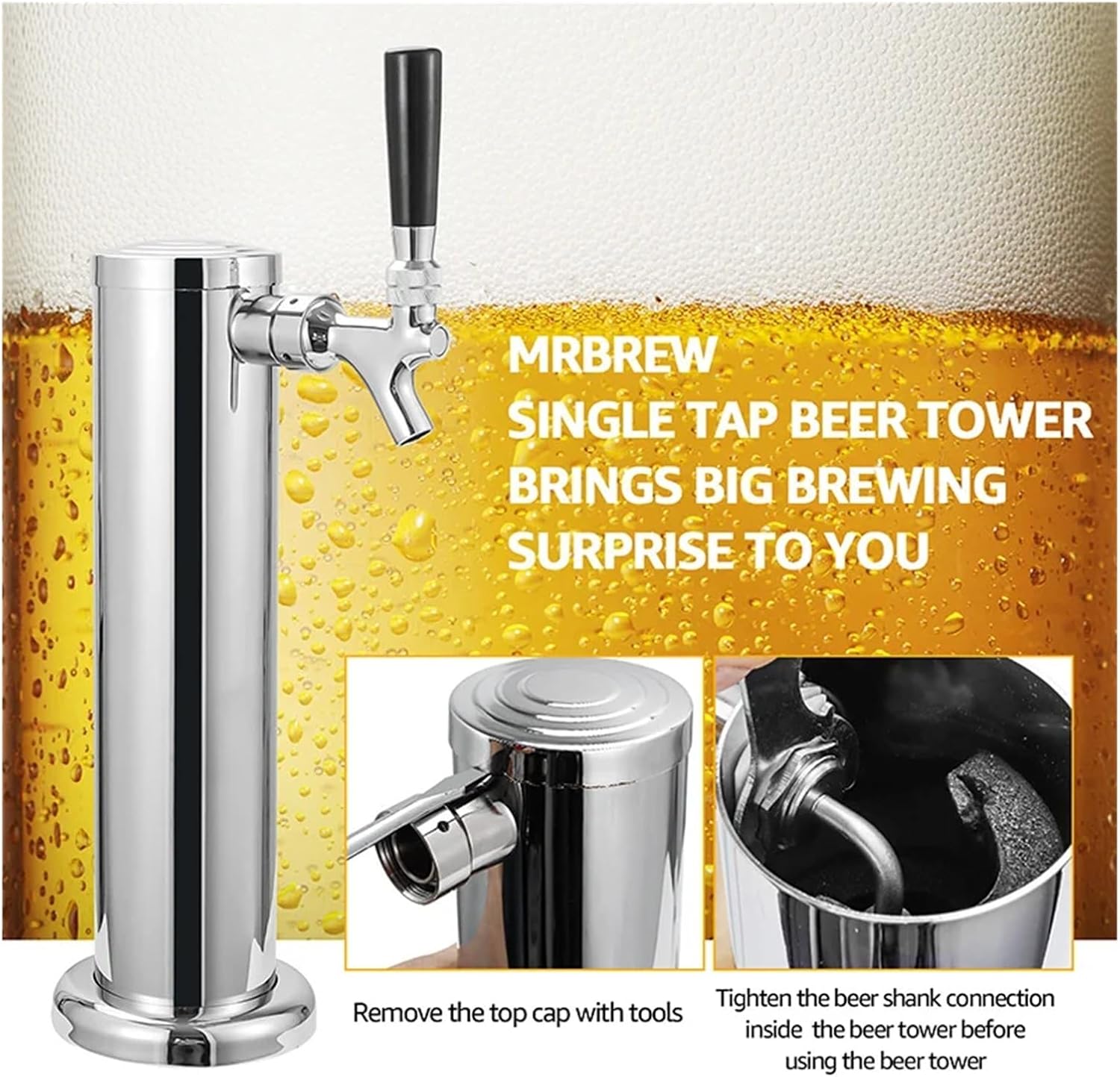 Single Tap Draft Beer Tower,Chrome Beer Dispenser Tower with Spring Beer Faucet for Home Brewing,Hose,Wrench Best for Install