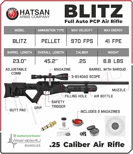 Miniatura 3 de Hatsan Blitz - Rifle de aire PCP completamente automático con paquete de objetivos de papel Wearable4U 100x y pellets de plomo incluidos