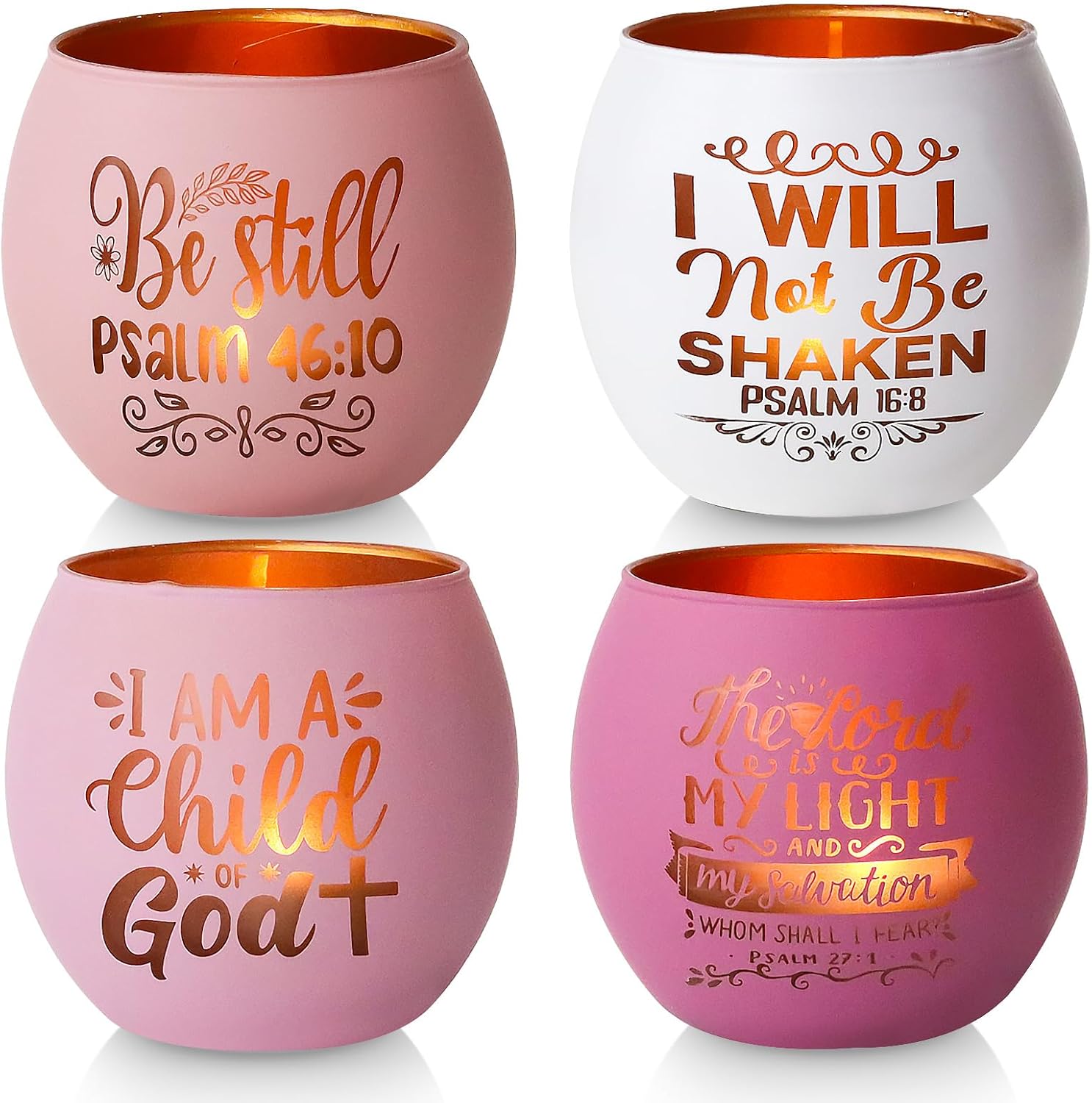 SHMILMH Christian Gifts for Women, Glass Candle Holders Set of 4, Pink Tealight Votive Candle Holders with Inspirational Bible Verses, Unique Religious Gifts for Mom, Sister, Friend, Coworker