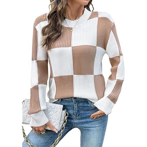EVALESS Sweaters for Women Crewneck Long Sleeve Color Block Casual Knit Tops 2025 Fall Fashion Checkered Pullover Sweater