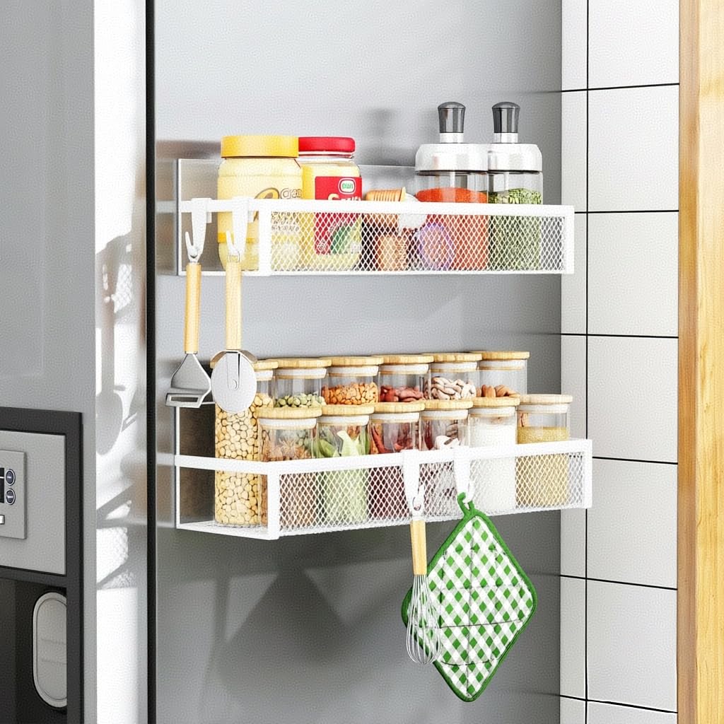 Aufworld Magnetic Spice Rack for Refrigerator, 2 Pack Magnetic Shelf, Fridge Magnet Organizer with Moveable 4 Hooks, Magnetic Fridge Shelf for Kitchen Organization and Storage(2 Pack-W)