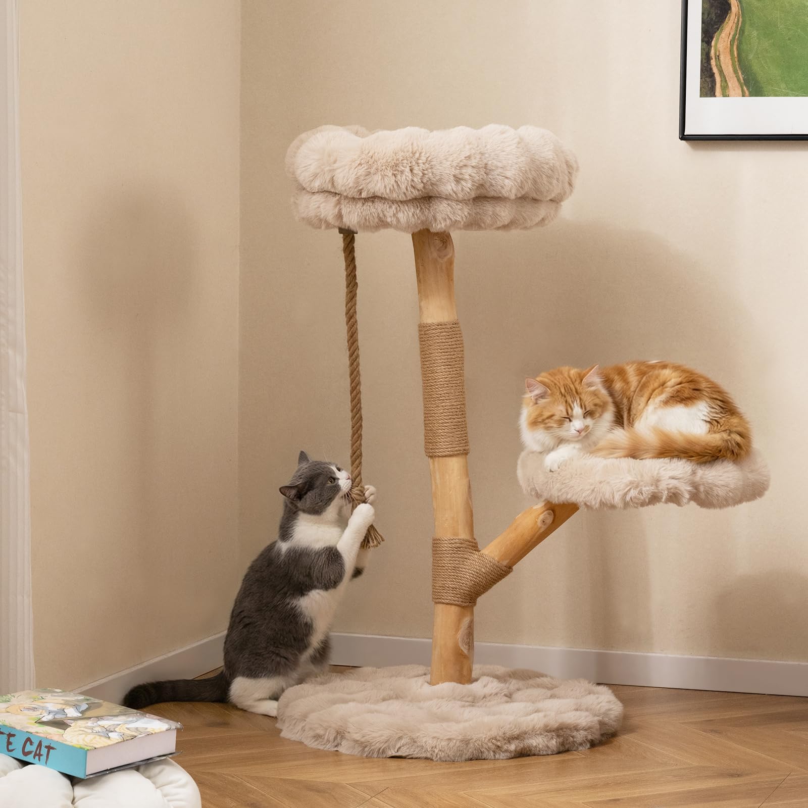COSTWAY Albero per Gatti 90 cm, Torre Moderna in Legno con Piattaforme, Tiragraffi in Luta Naturale e Corda, Albero Tiragraffi per Animali Domestici (Beige)