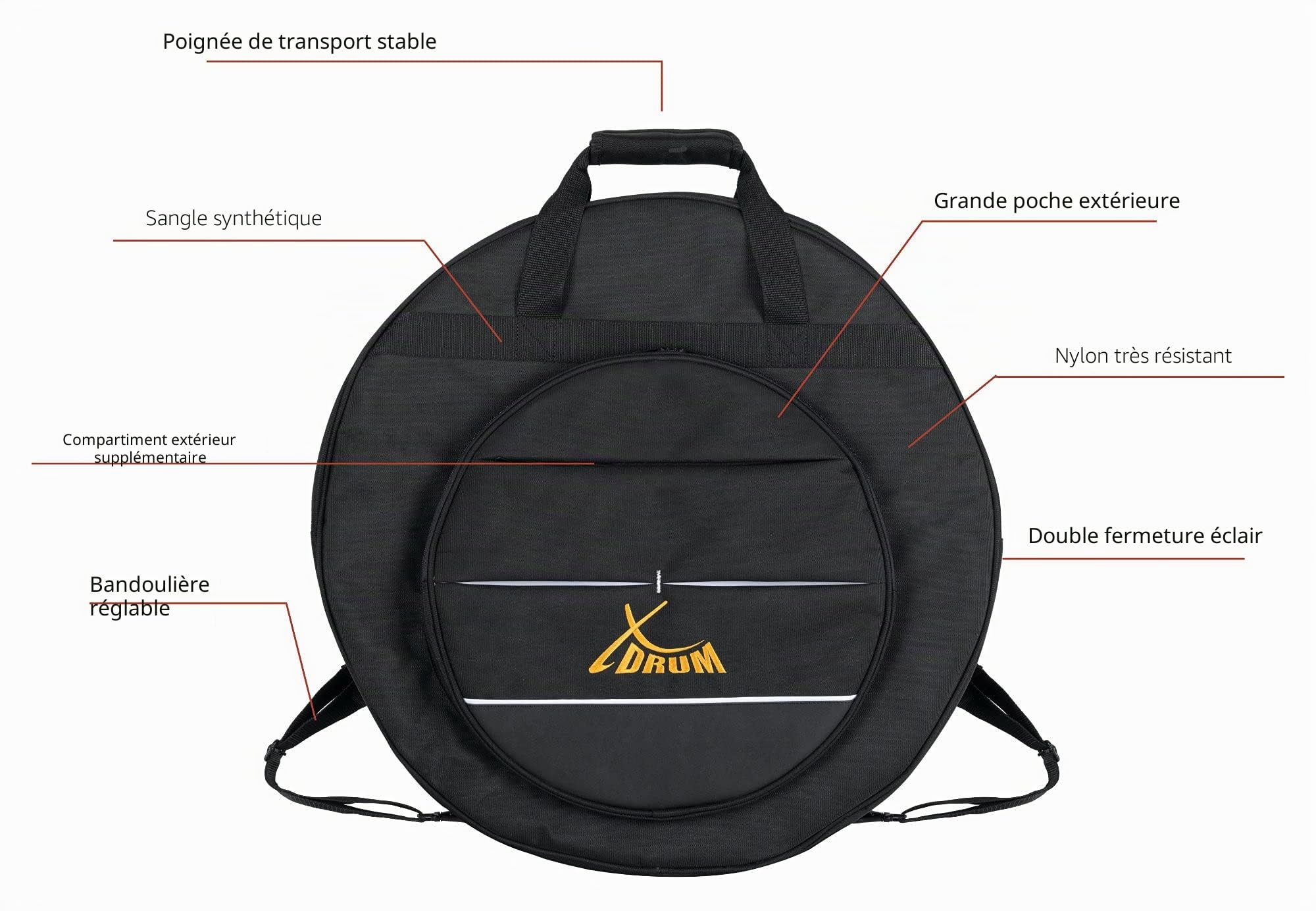 Sacoche XDrum pour cymbales jusqu'à 22" avec séparateurs rembourrés pour 5 cymbales, poche extérieure 14" pour splashes/hi-hats, poignée et bretelles, couleur noire.