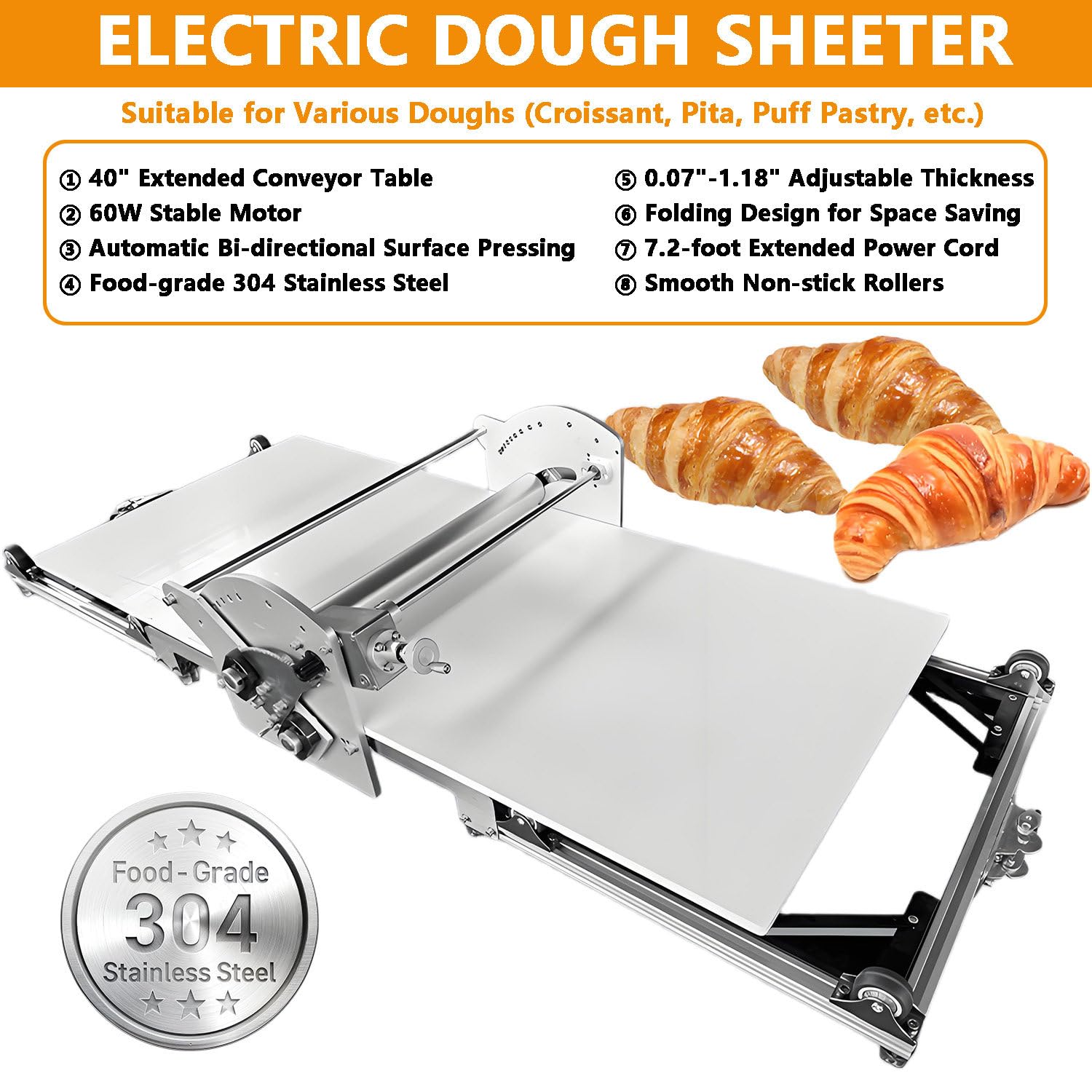 Laminadora de Masa eléctrica para hogar y pequeñas panaderías, máquina laminadora de Mesa 40", Espesor Ajustable, Rodillos con Giro inverso automático, Acero Inoxidable 304, Plegable