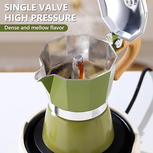 Miniatura 3 de Bincoo Estufa para máquina de café expreso, pequeña olla de camping moka de 1-2 tazas de expreso4.1 fl oz, cafetera italiana, fácil de usar (verde)