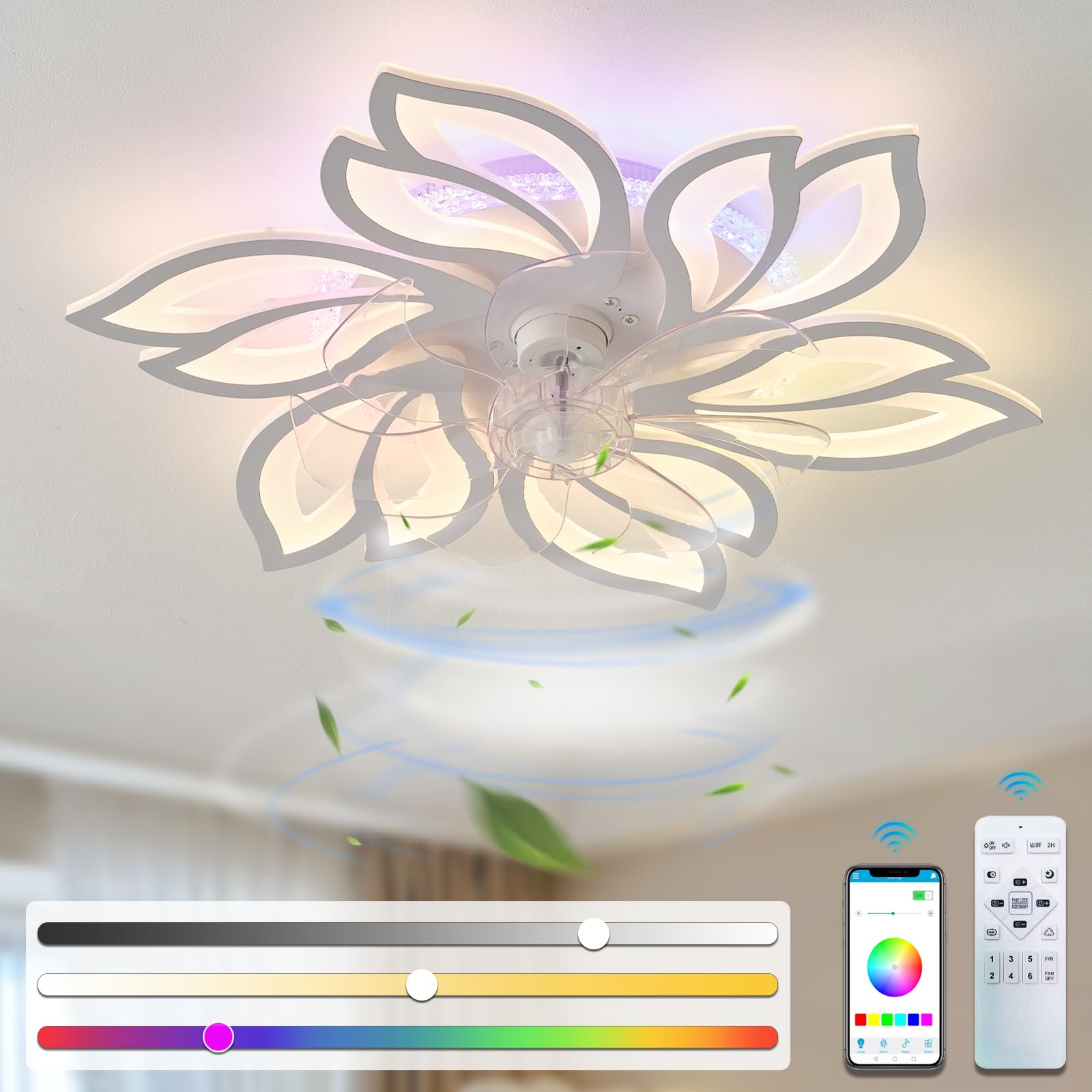 Quiet Ceiling Fans with Lights, RGB Dimmable Fan Ceiling Light with Remote Control Reversible 6 Speed, LED Modern Flower Shape Design Fan Chandelier for Living Room Bedroom Fan Light, Φ 64cm