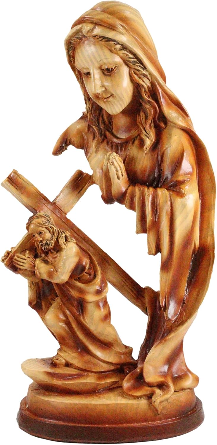 Ebros Christian Catholic Inspirational Via Dolorosa Mother Mary Praying for Jesus Carrying The Cross Figurine in Hand Painted Faux Wood Finish Good Friday Easter Sunday Memorial Celebration