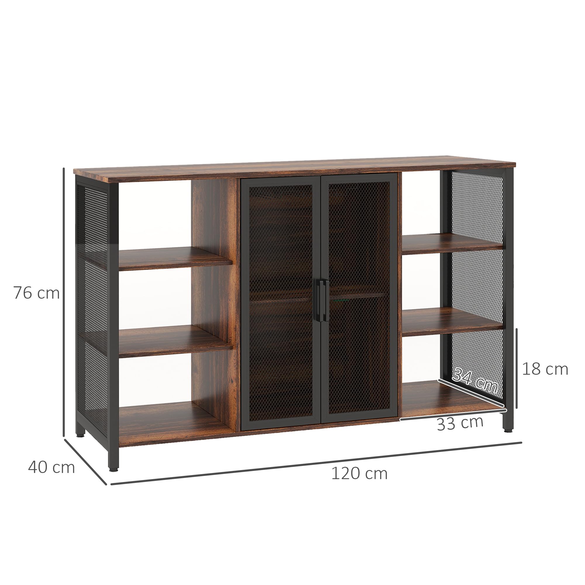 HOMCOM Aparador de Cocina Industrial con 6 Estantes Marrón Rústico | Mueble Buffet Auxiliar, Estante Ajustable, Porta Copas, para Bar, Comedor 120x40x76 cm,
