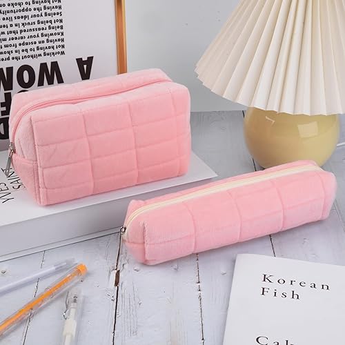 Miniatura 4 de SOIDRAM - Bolsa de cosméticos y bolsa de almacenamiento para brochas de maquillaje, organizador, de viaje, rosa a cuadros