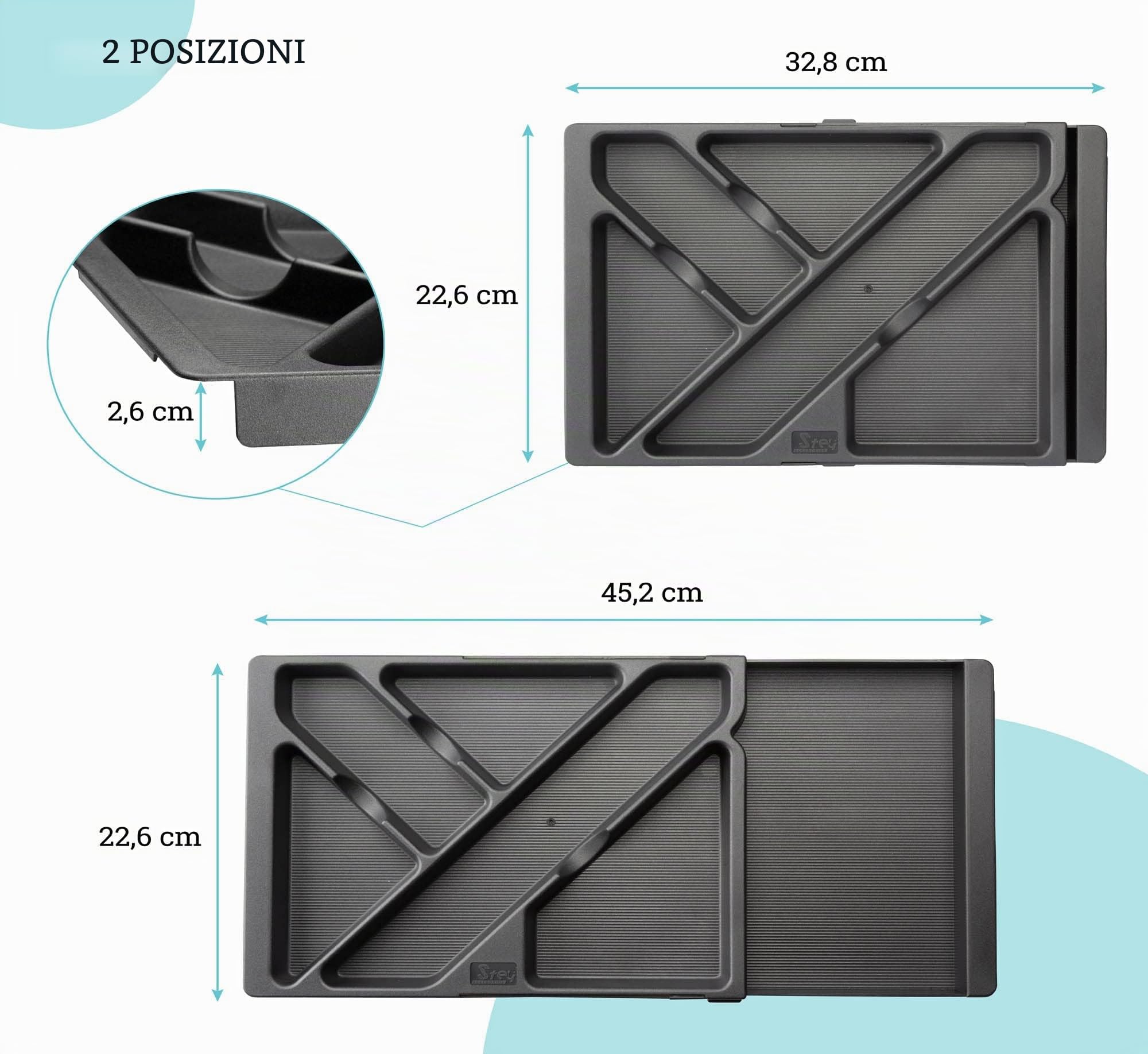 Vassoio estensibile per cassetto della scrivania - In plastica riciclata - 32,8<>45,2x22,5x2,5 cm - Si Adatta a Qualsiasi Misura di Cassetto - Nero - Made in EU (5 Unità)