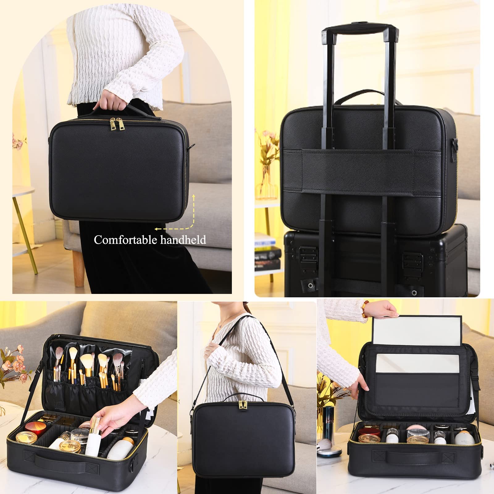 Kosmetiktasche Portable Reise Make Up Tasche,Kosmetiktasche Mit Spiegel, Mit Verstellbaren Trennwänden PU-Leder, Kosmetik Aufbewahrung Für Make Up, Kosmetiktasche Für Make Up Set, Schwarz ( Color : No