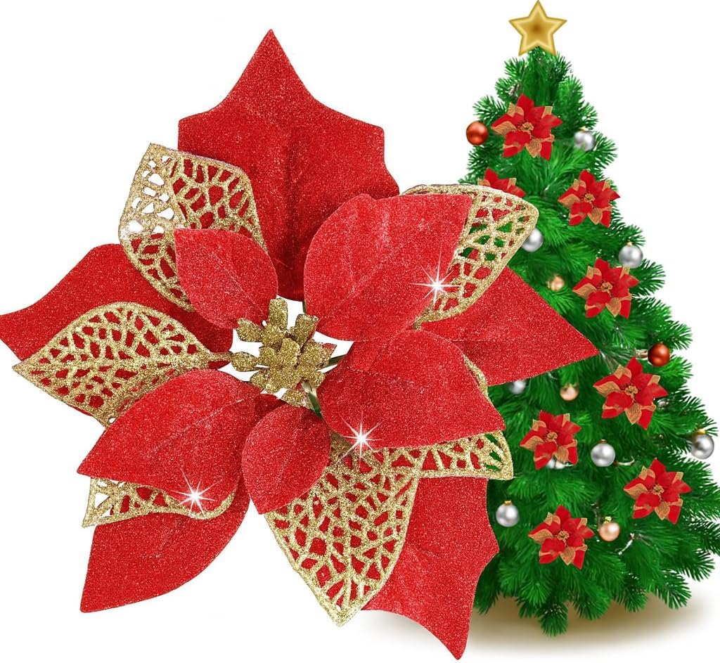 Kit 12 Flores Decorativas Natalinas com Haste Flexível, 23 cm, Tecido Brilhante, Caule 20 cm, para Árvores de Natal Guirlandas e Vasos, Vermelho, Dourado, Prata ou Rosa (Vermelho) Kit 12 Flores Decorativas Natalinas com Haste Flexível, 23 cm, Tecido Brilhante, Caule 20 cm, para Árvores de Natal Guirlandas e Vasos, Vermelho, Dourado, Prata ou Rosa (Vermelho)