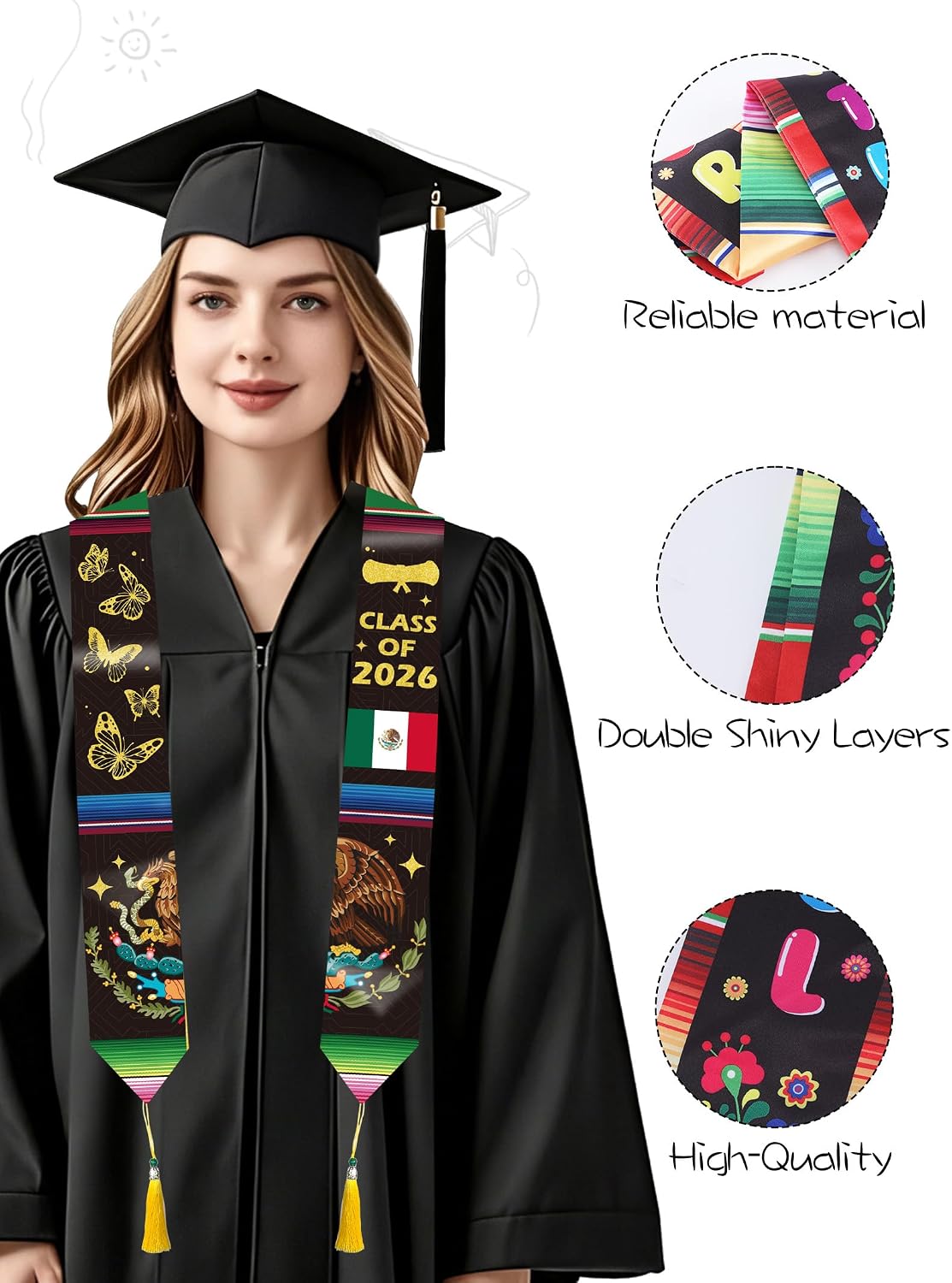 Unisex Adult Class of 2026 Graduation Sash - Kente El Salvador Puerto Rico Mexico Grad Stole for First Generation