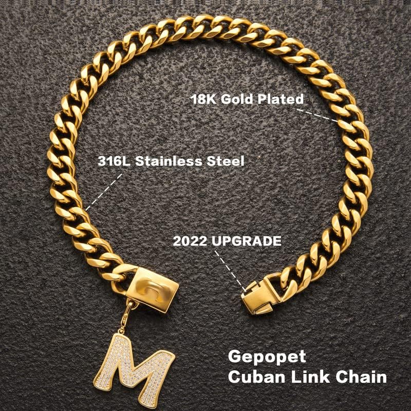 Dog Collar for Medium Large Dogs Gold Chain Dog Collar with Bling Letter Pendant 18K Cuban Link Dog Collar Heavy Duty Chew Proof Letter 10In&14In&16In