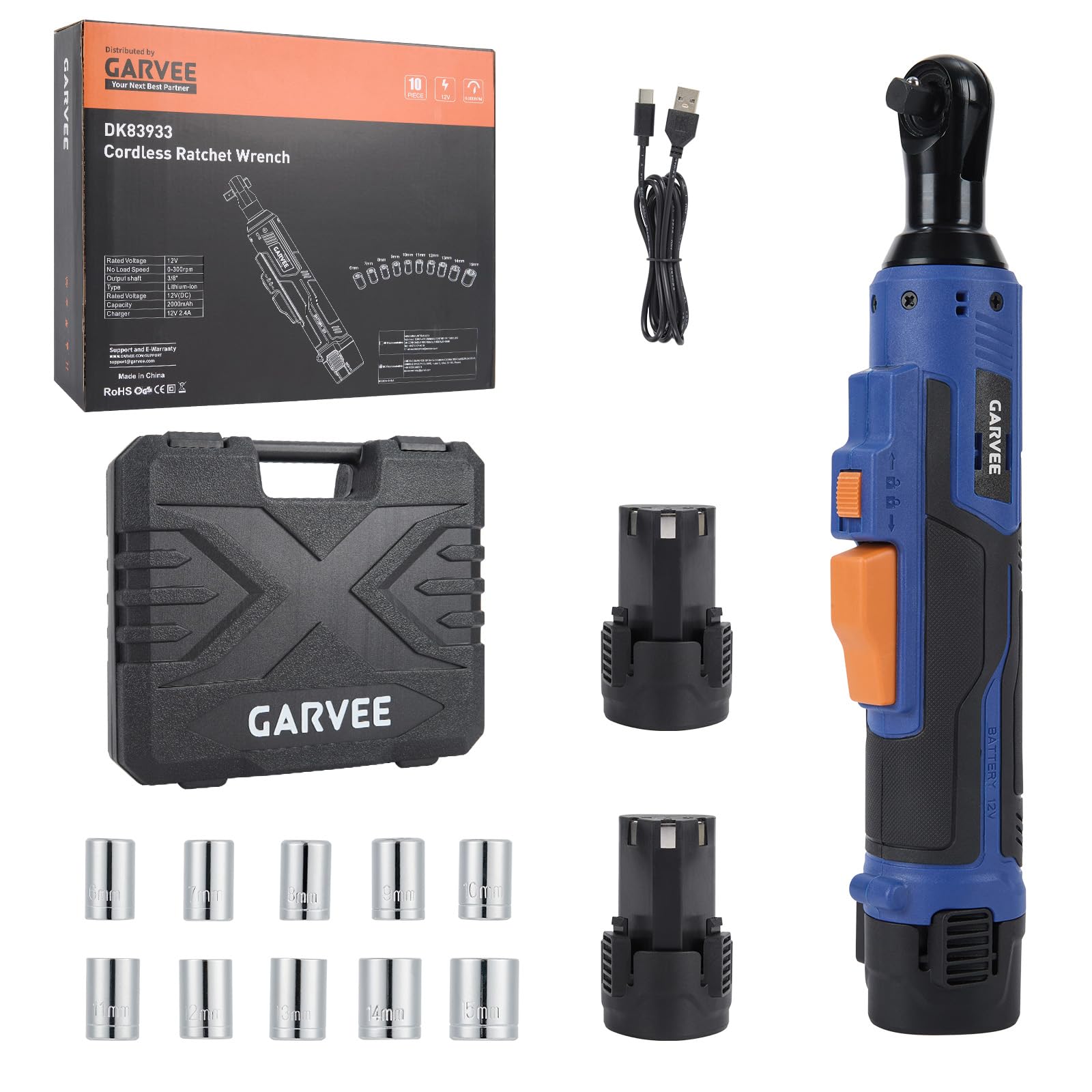 GarveeHome 12V Cordless Ratchet Wrench 3/8" Electric Socket Set