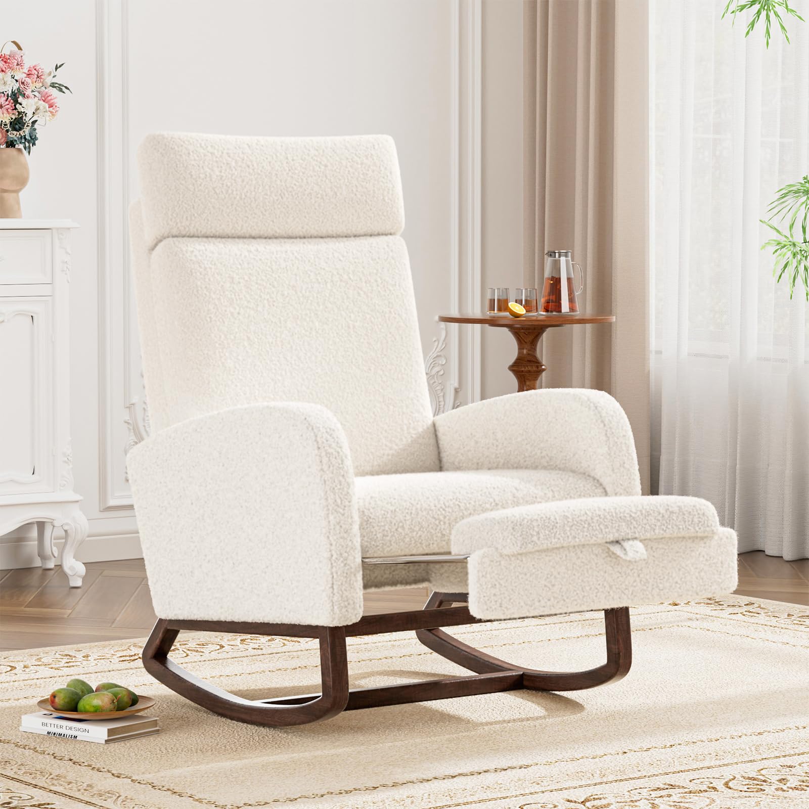 Teddy Nursery Rocking Chair, High Back Glider with Footrest, Beige