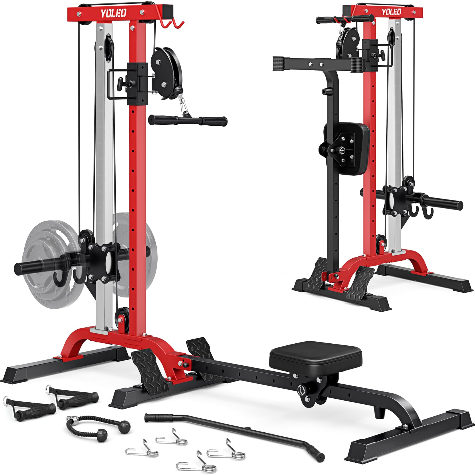 YOLEO 2-in-1 Adjustable Rowing Cable Machine &amp; LAT Pulldown Station for Home Gym, Foldable Space Saver with 6 Attachments, Supports 450 Lbs Weight Plates