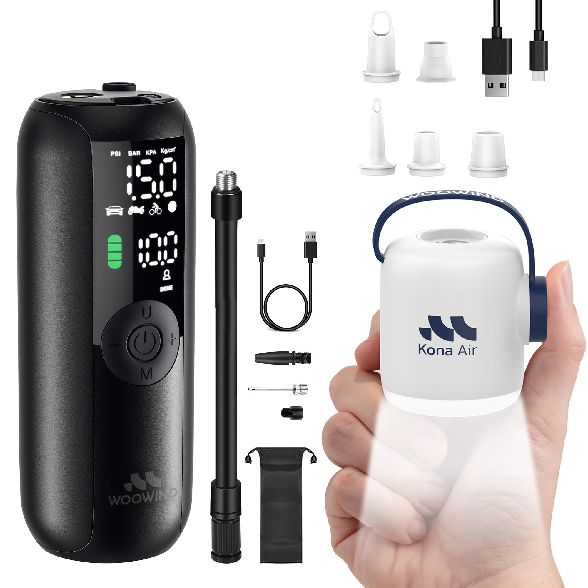 Woowind LP1 + Kona Air – Bundle Gonfleur de Pneus 150PSI pour Voiture/Vélo et Pompe Électrique 200L/min pour Gonflables Camping avec LED