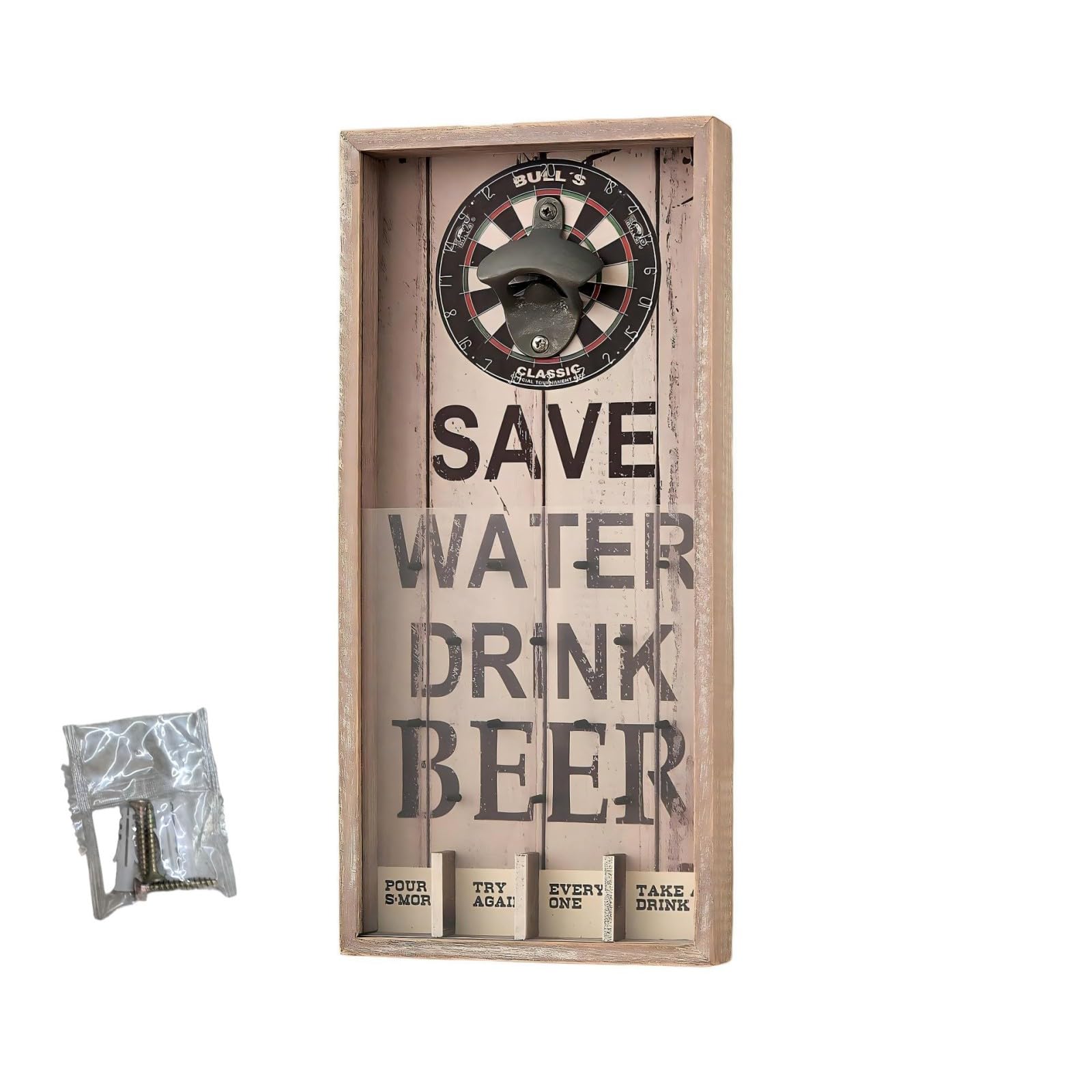 Vintage Wandflaschenöffner mit Kronkorken Sammler – Wandmontierter Flaschenöffner aus Holz & Metall, Retro Bier Flaschenöffner mit Auffangbehälter für Hausbar Küche Garage Männerhöhle