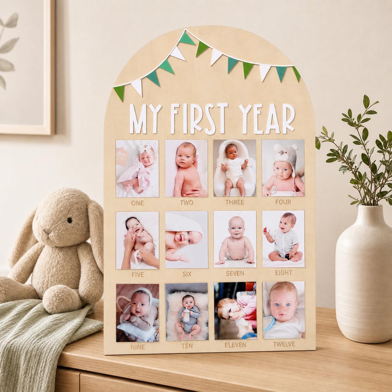Sage Green 12-Month Photo Frame Set—Wild One Wooden Decoration, 1st Birthday Bunting, Wooden Monthly Milestone Photo Frame,First birthday decorations