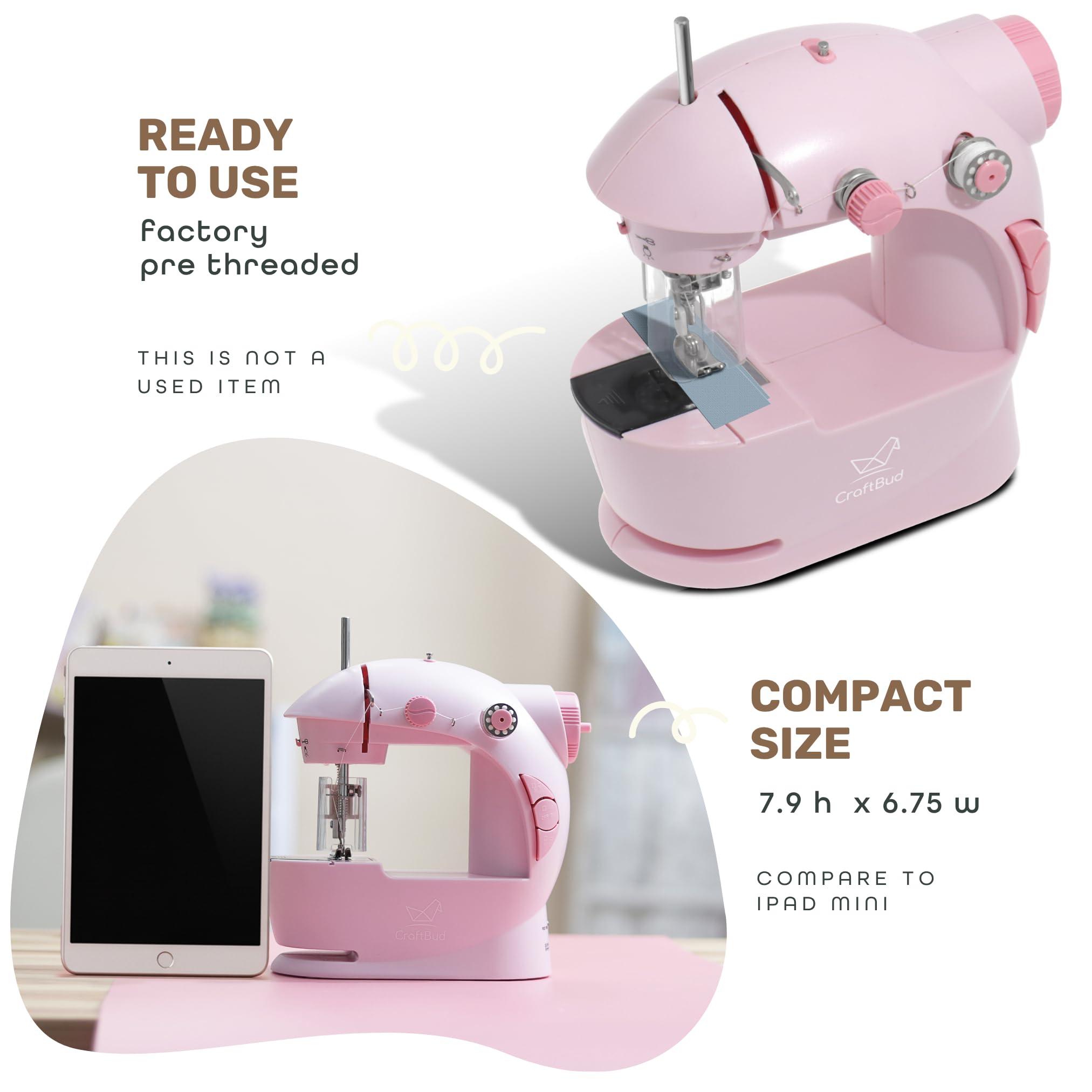 CraftBud Mini máquina de coser para principiantes, adultos y niños | Kit de costura de 48 piezas, portátil, doble velocidad, mesa de extensión, pedal de pie, luz integrada, guía y más, rosa