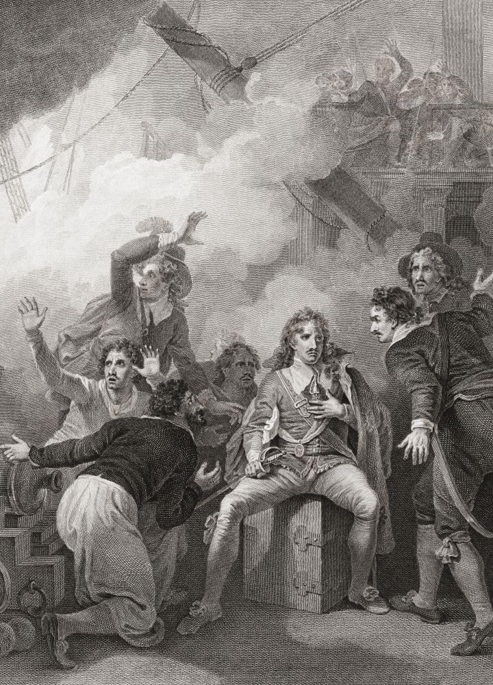 Illustration of Edward Montagu 1st Earl of Sandwich 1625 - 1672 refusing to leave his ship after it was attacked by Dutch fire ships during the Battle of Solebay the first naval battle of the Third Anglo-Dutch War. Montagu subsequently drowned. After a print by William Byrne from the work by Robert Smirke originally featured in Robert Bowyer's Historic Gallery published between 1793 and 1806; Artwork Poster Print by Ken Welsh (11 x 16)