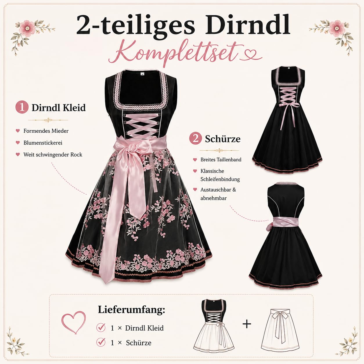 Dirnd l Complete Sets Midi Dirndl Dress Costume Dress Including Costume Skirt and Dirndl Apron, 2-Piece Dirndl Women's Outfit, Costumes Fashion Dress, Oktoberfest Clothing for Folk Festival