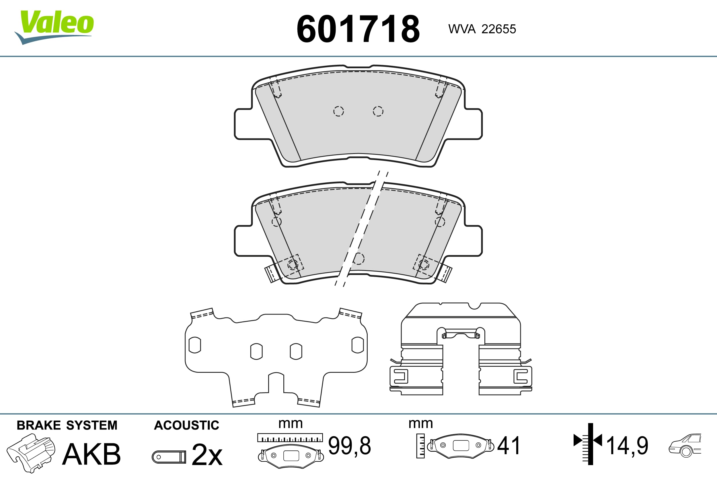 Valeo 4er-Set Bremsbeläge 601718, Hinterachse