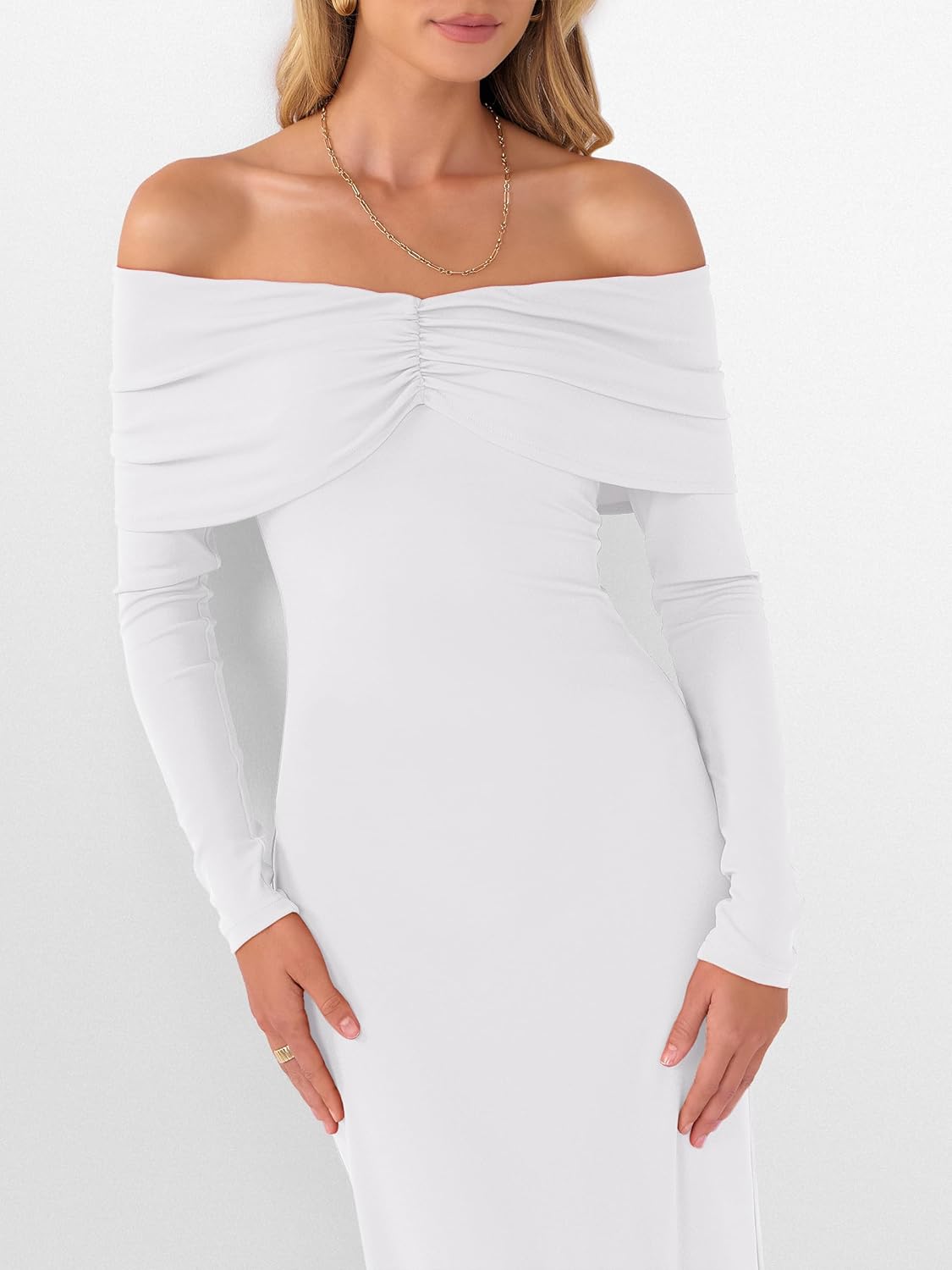 Caracilia Womens Off The Shoulder Bodycon Maxi Dress Fall Sexy Elegant Long Sleeve Ruched Club Party Formal Cocktail Dresses - Image 6