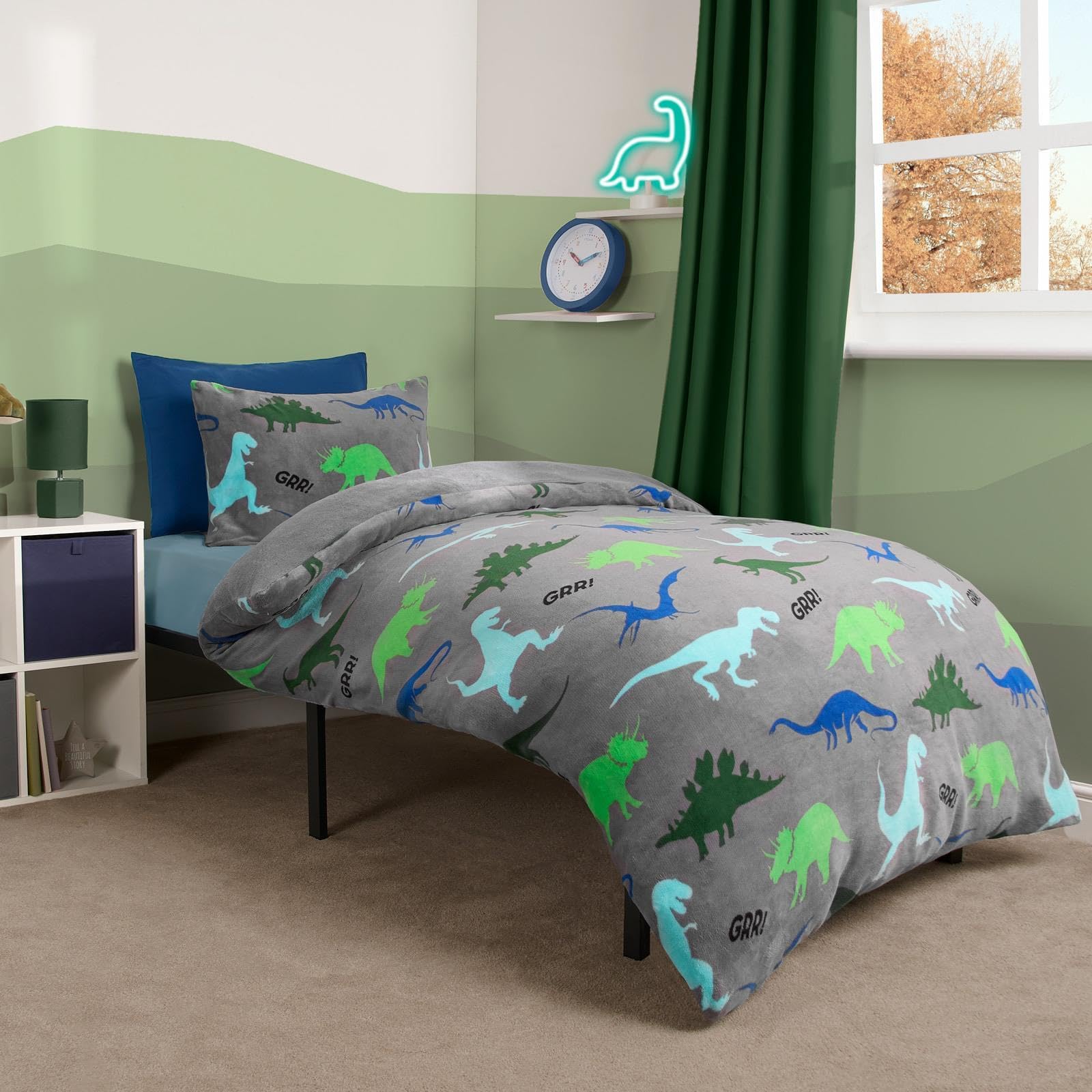 Toddler Bedding Dinosaur Kids Duvet Set, Teddy Fleece Duvet Set Soft Comfy Warm Boys Bedding Cot Duvet Kids Bed Covers Set with Pillowcase, Grey