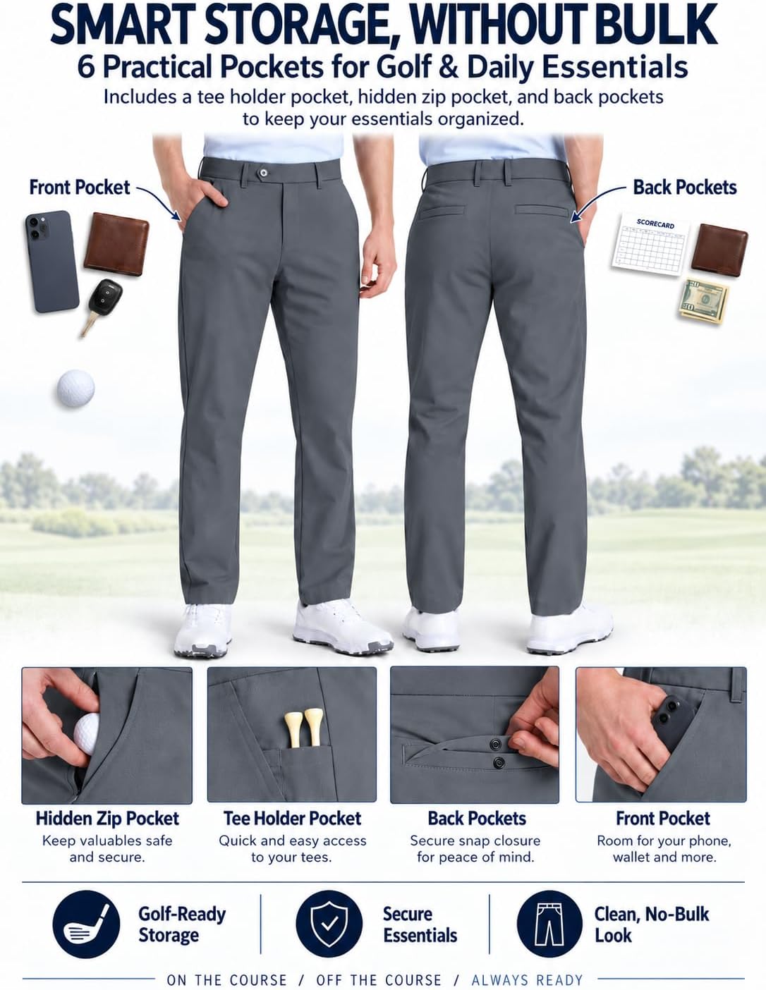 Men's Golf Pants All-Day Stretch Chinos Water-Resistant Quick Dry