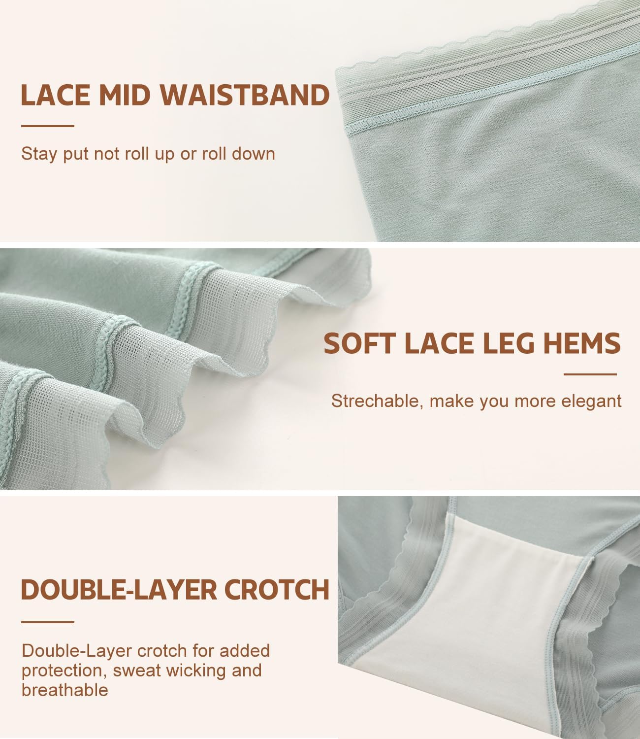 BAMBOO COOL Damen-Unterwäsche, weiche Spitze, Hipster, Unterhose, volle Abdeckung, 6er-Pack