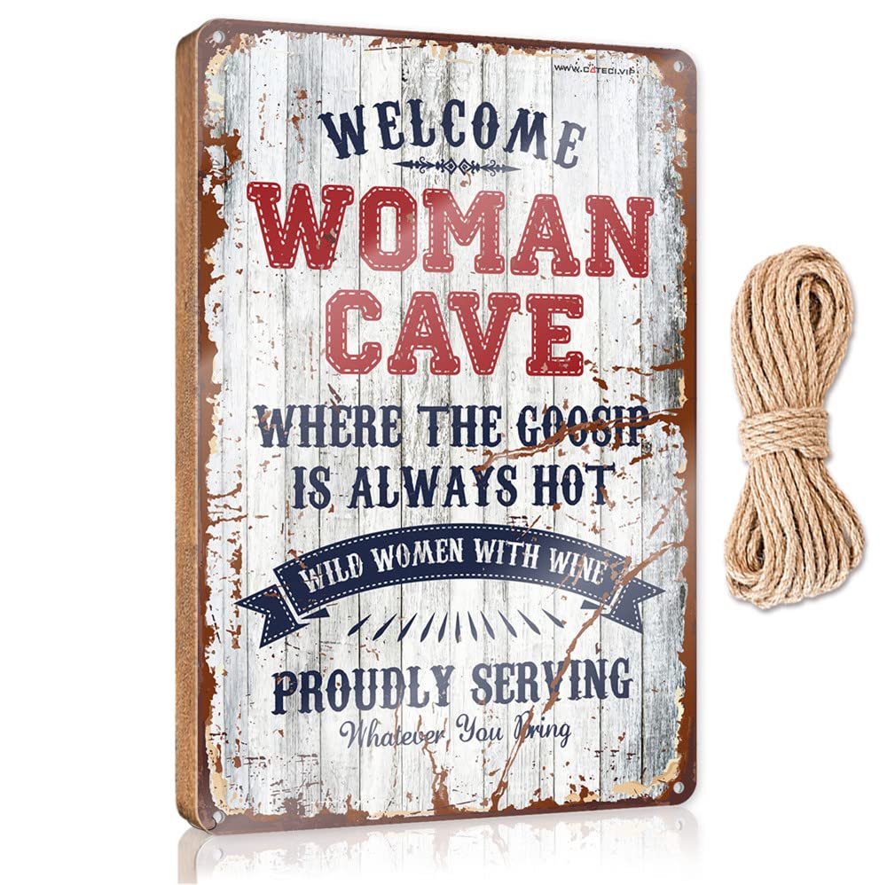 HELIOFORGE Wood Sign Plaque Welcome Woman Cave Wild Women With Wine Wooden Sign(15X28CM)