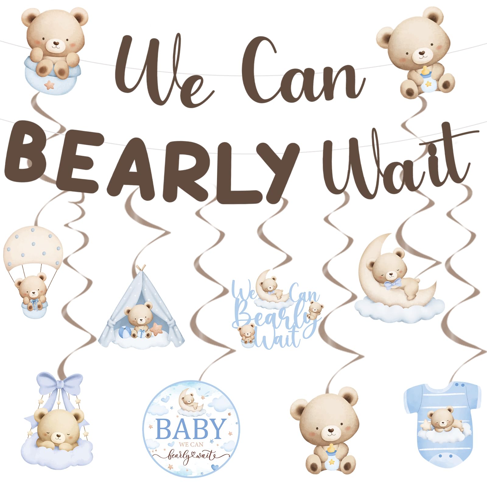 JoyAura Bear Baby Shower Decorations - 10 Pcs Blue Cute We Can Bearly Wait Banner Hanging Swirls Streamer Decor Set Teddy Themed Gender Reveal Sign Announcement Party Supplies Favors for Babies Boys