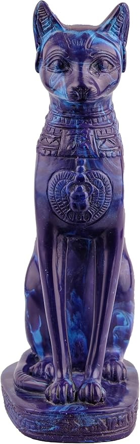 Ancient Egyptian Blue Bastet Cat Statue with Scarab & Hieroglyphs