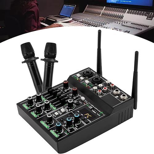 Miniatura 3 de Mezclador de audio profesional, mezclador de sonido de 4 canales con micrófono inalámbrico dual, consola de tablero de sonido MP3 Bluetooth 48 V,