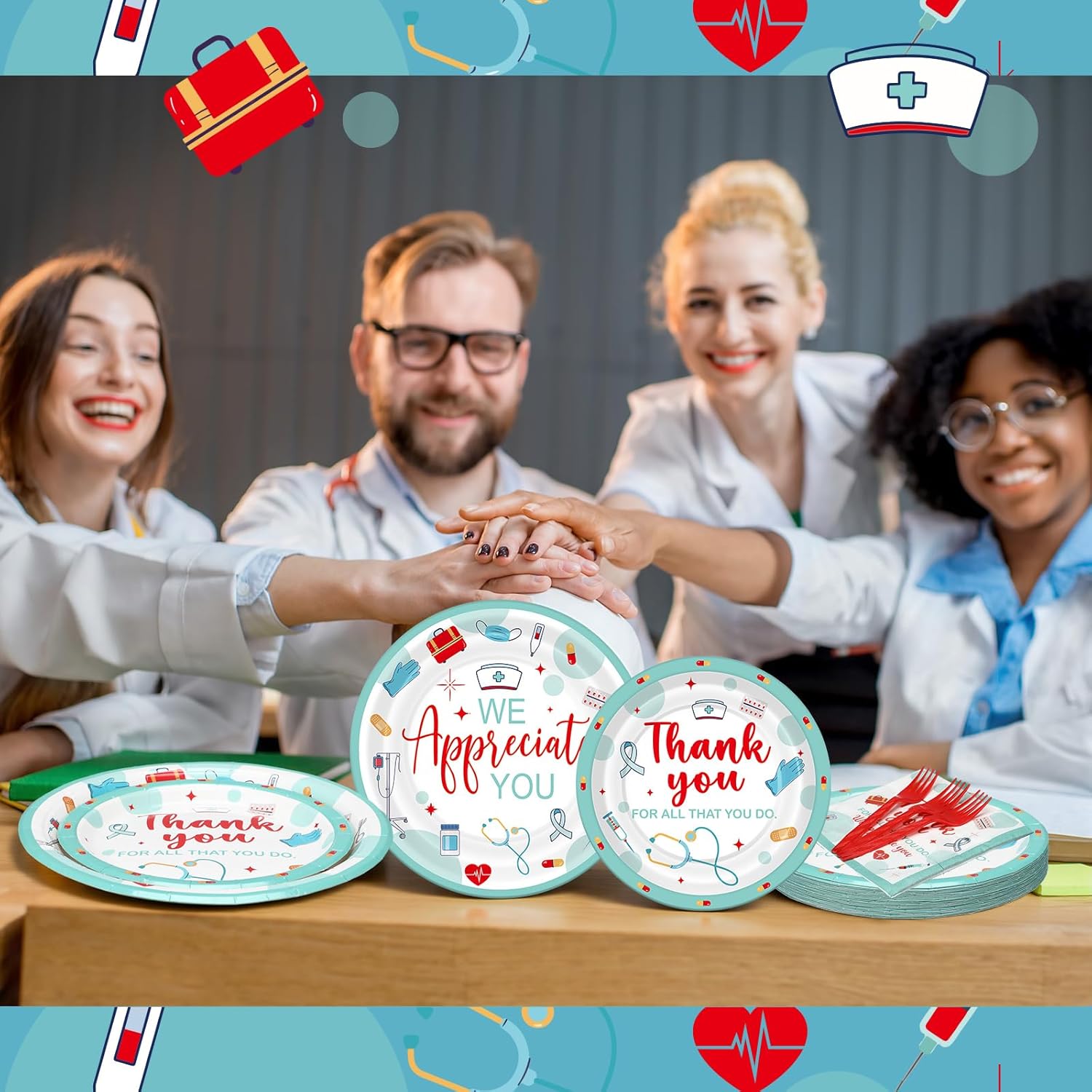 Willinglong 24 Set Nurse Week Party Supplies Thank You Nurse Disposable Plates Napkins Forks Nurses Graduation CNA Week Decorations for Medical Laboratory Doctor Graduate Party Favors Gifts