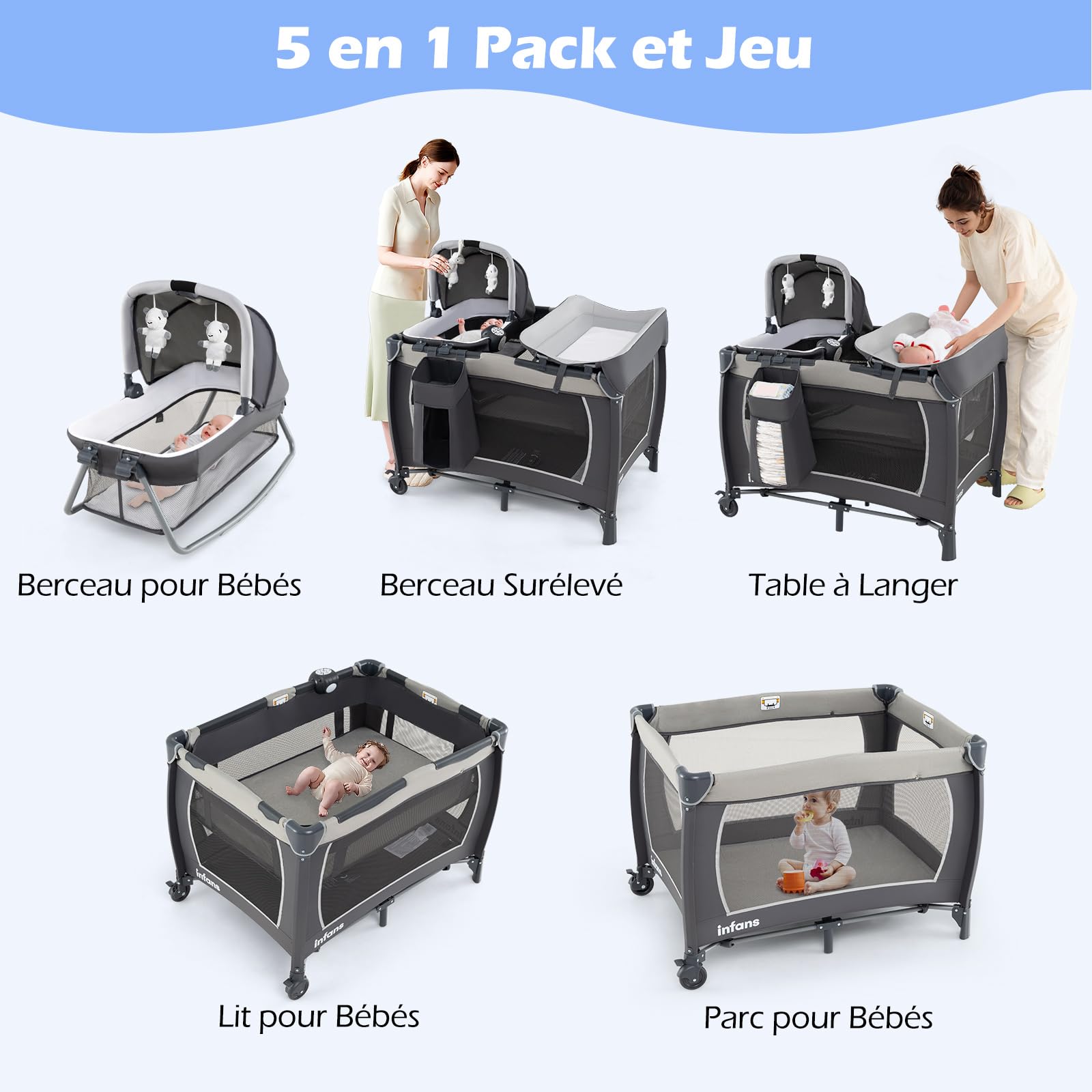 GOPLUS Lit Parapluie 4 en 1, Lit Bebe Pliable à 2 Niveaux avec 2 Roues avec Frein, Matelas, Jouets, Table à Langer, Boîte à Musique et Sac de Transport, pour Bébé 0-3 Ans, Charge 15KG (Gris)