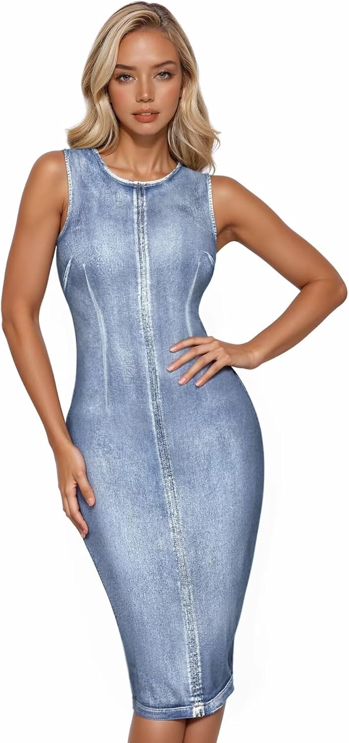 Hybrid & Company Womens Super Stretch Slim Fit Crew Neck Sleeveless Denim Dress